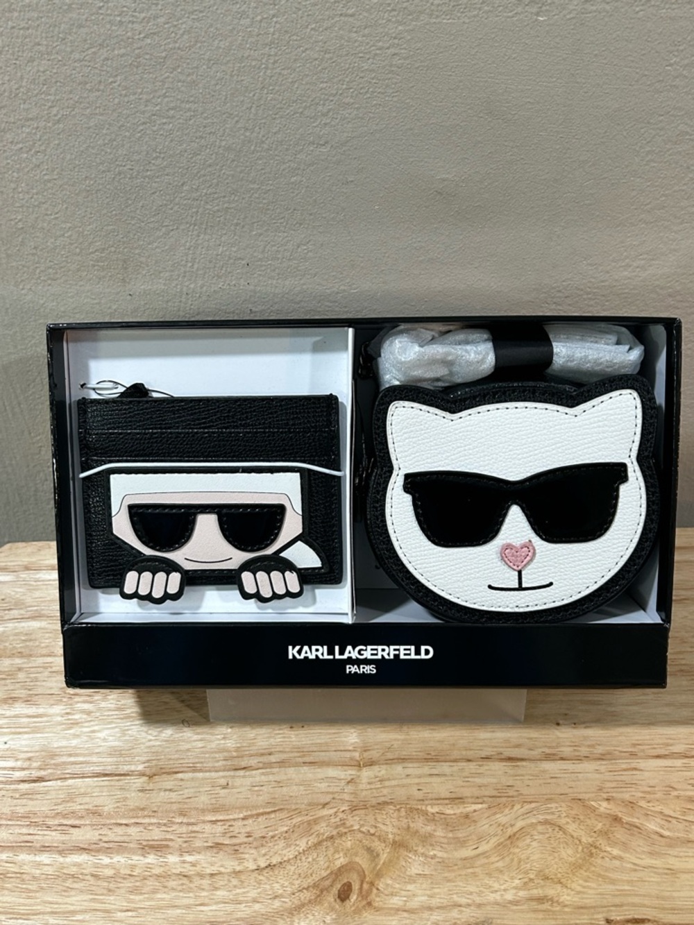 Karl Lagerfeld Black and White Mini Bag & Card Holder Set with Cat Motif